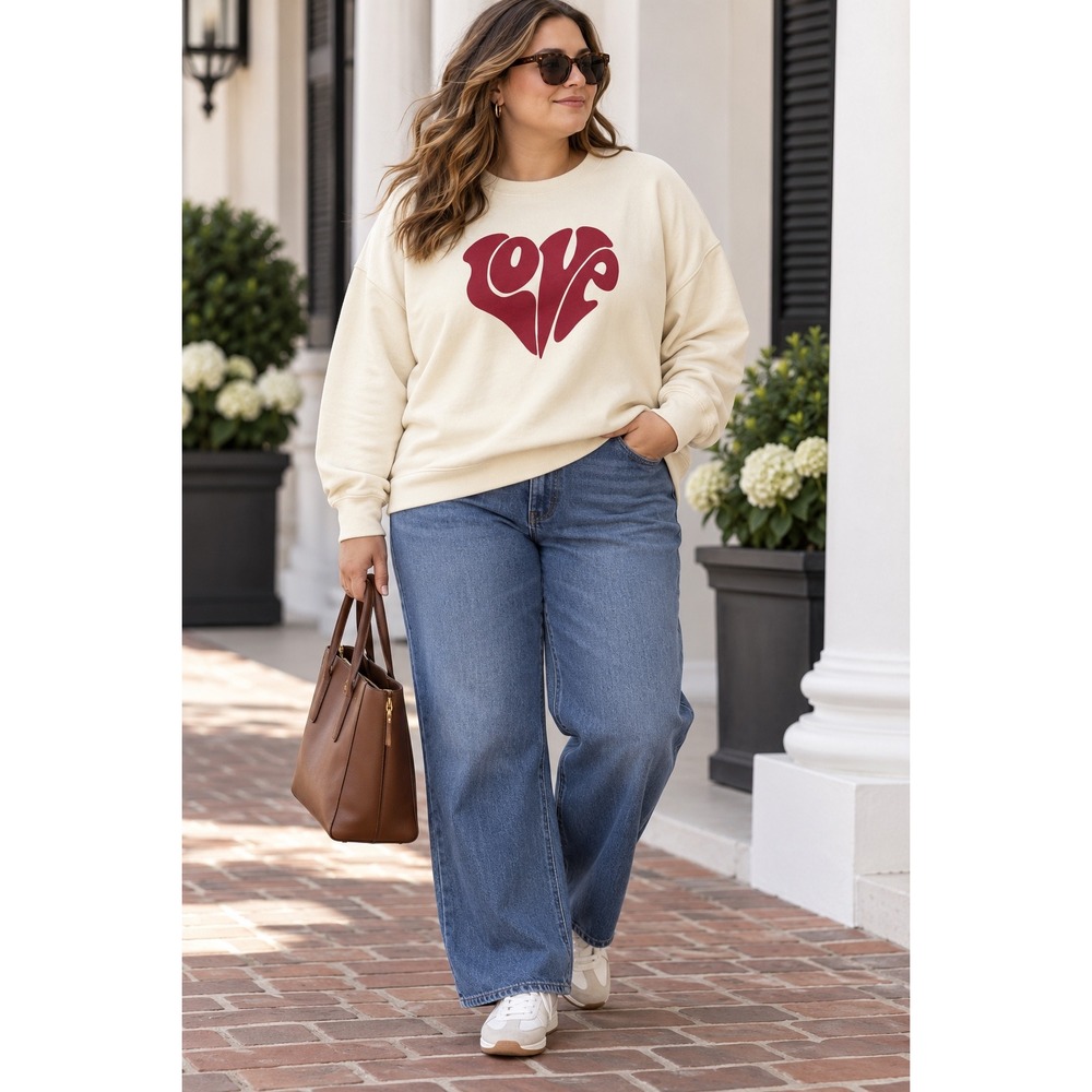 J.Crew Love Heart Graphic Sweatshirt Cream Red 2X Plus Size Cotton Pullover 345